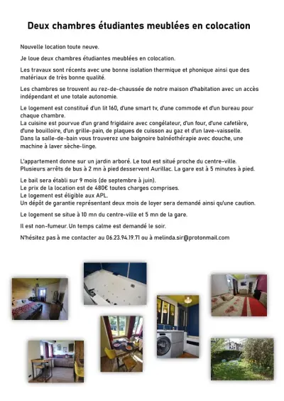 Deux chambres étudiantes meublées en colocation